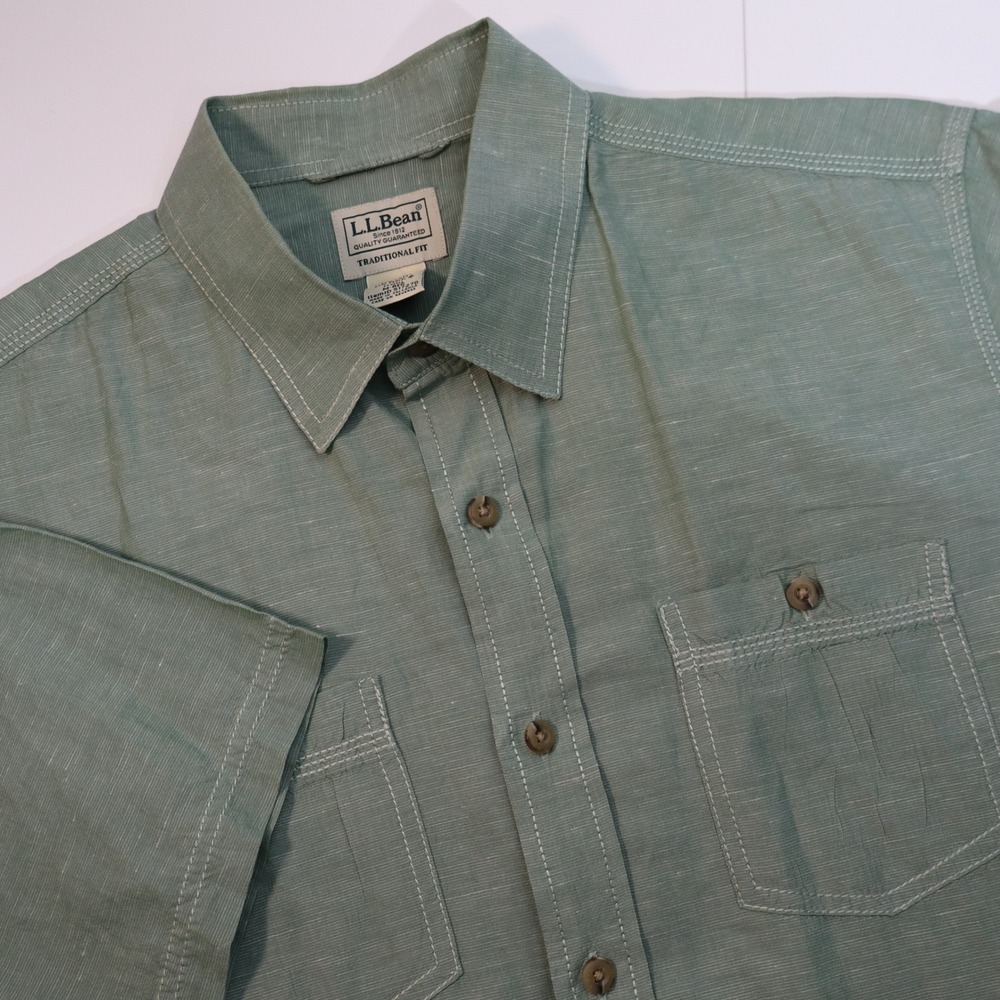 L.L. Bean Button Down Shirt Mens M Green Cotton Linen Tencel Short Sleeve Slub